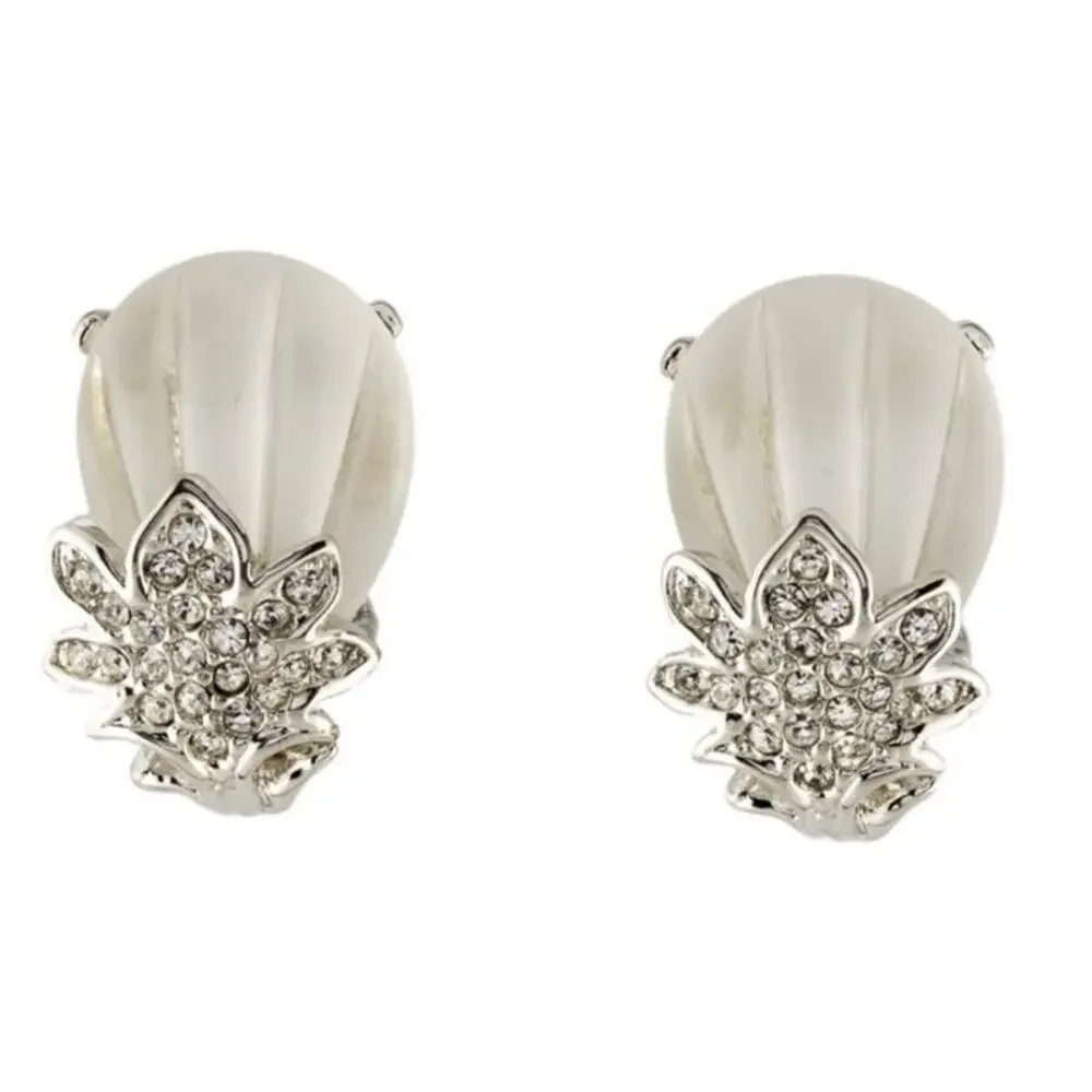 Kenneth Jay Lane White Lucite & Clear Crystal Clip-On‎ Earrings - Picture 3 of 12